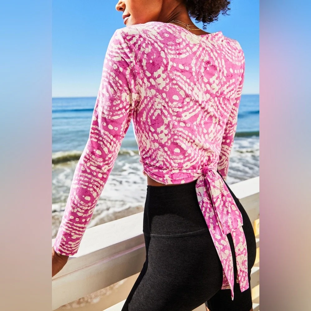 Daily Practice by Anthropologie Cropped Wrap Top in Hot Pink Print Size L - Picture 6 of 14